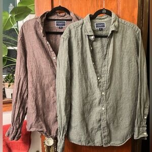 Charles Tyrwhitt Lot of 2 Mens 100% Linen Slim Fit Shirts Brown Green 2 Total